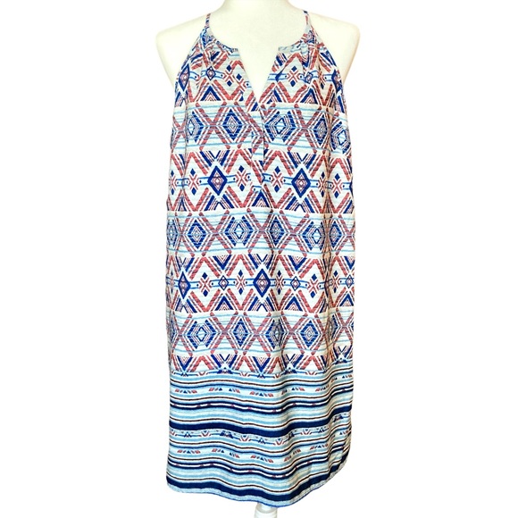 Skies Are Blue Women’s sleeveless halter geometric print shift dress, Sz L - Picture 1 of 15